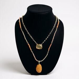 NEW Chico’s Manasa Long Layered Necklace Beaded &  Chain w/ Carved Pendant